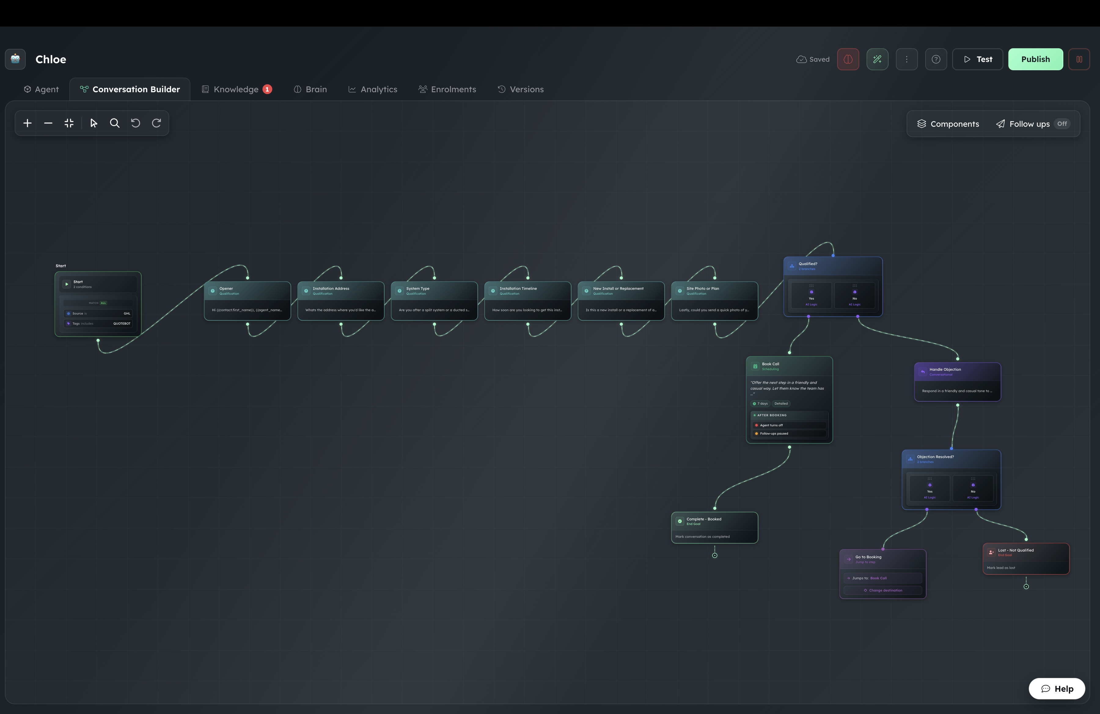 Appointwise conversation builder inside GoHighLevel — qualification flow, booking logic, and objection handling wired end to end